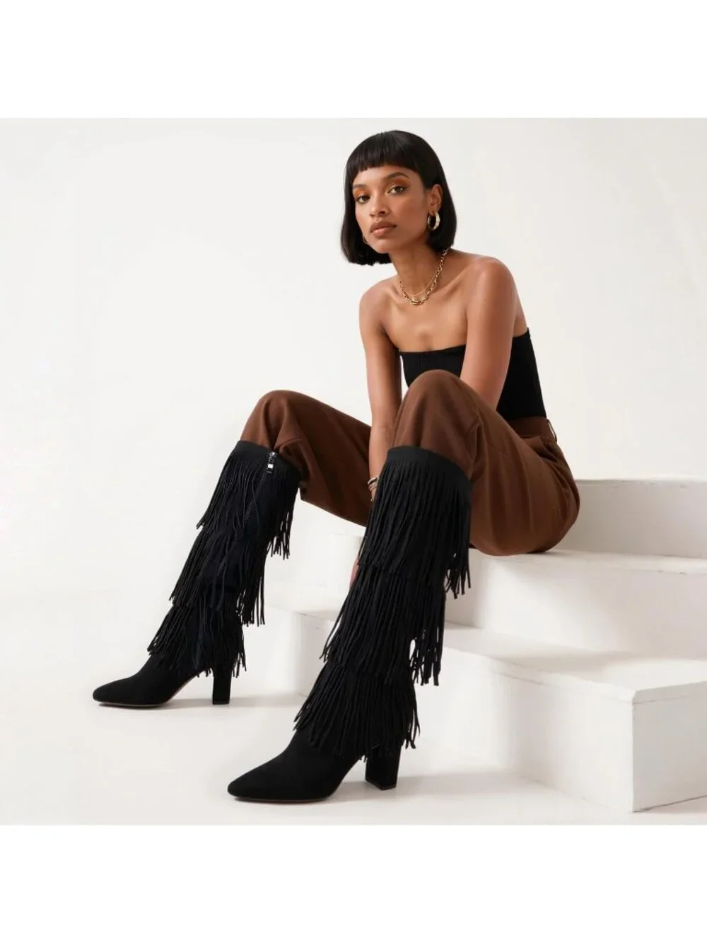 Women Black Fringe Pointed Toe Chunky Heel Faux Leather Over The Knee High Boots